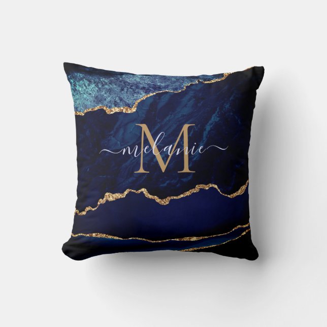 Agate Navy Blue Gold Glitter Marble with Name Cushion (Front)