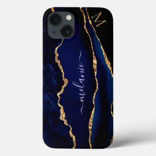 Agate Navy Blue Gold Glitter Monogram iPhone Case