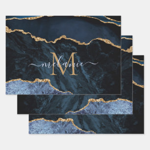 Agate Navy Blue Gold Marble Custom Name and Letter Wrapping Paper Sheet