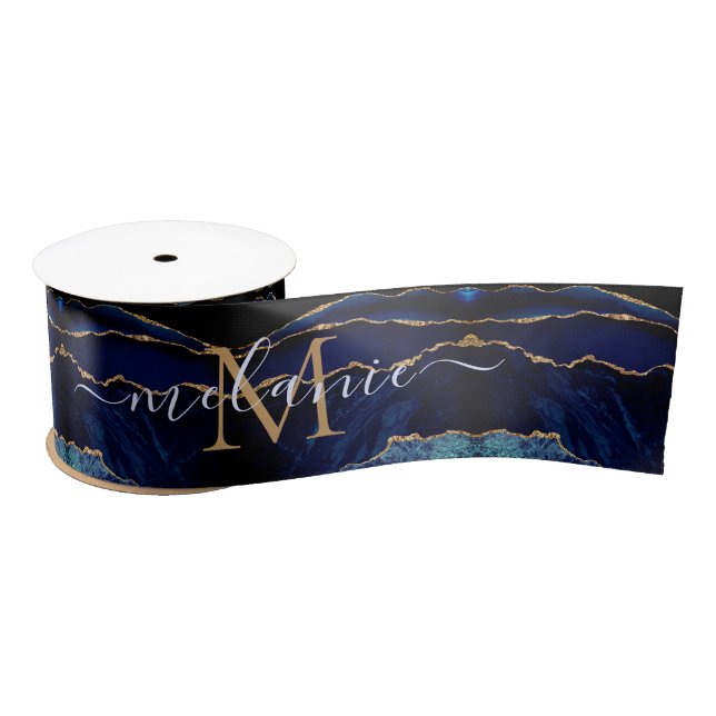 Agate Navy Blue Gold Marble Custom Name Ribbon Satin Ribbon (Spool)