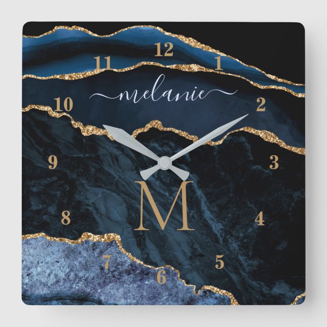 Agate Navy Blue Gold Marble Custom Name Wall Clock (Front)