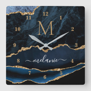 Agate Navy Blue Gold Marble Custom Your Name Clock