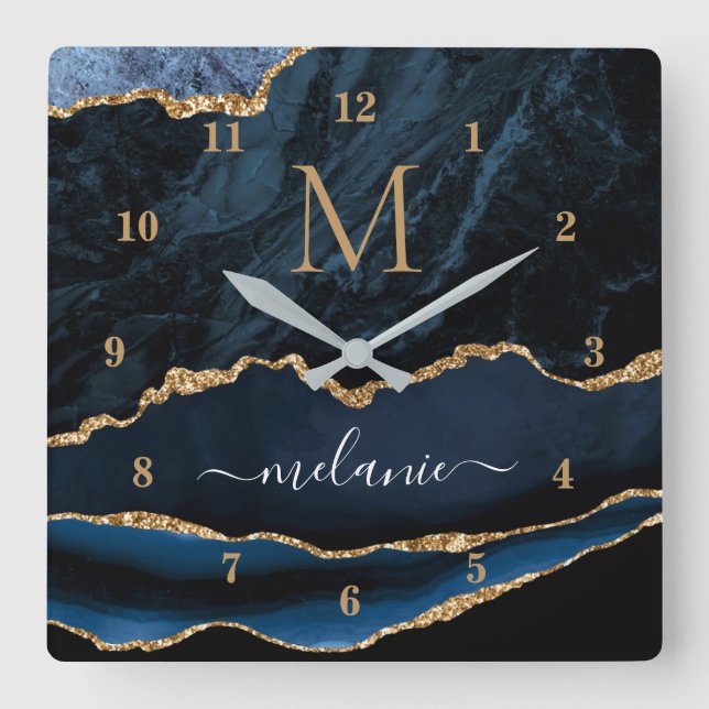 Agate Navy Blue Gold Marble Custom Your Name Clock (Front)