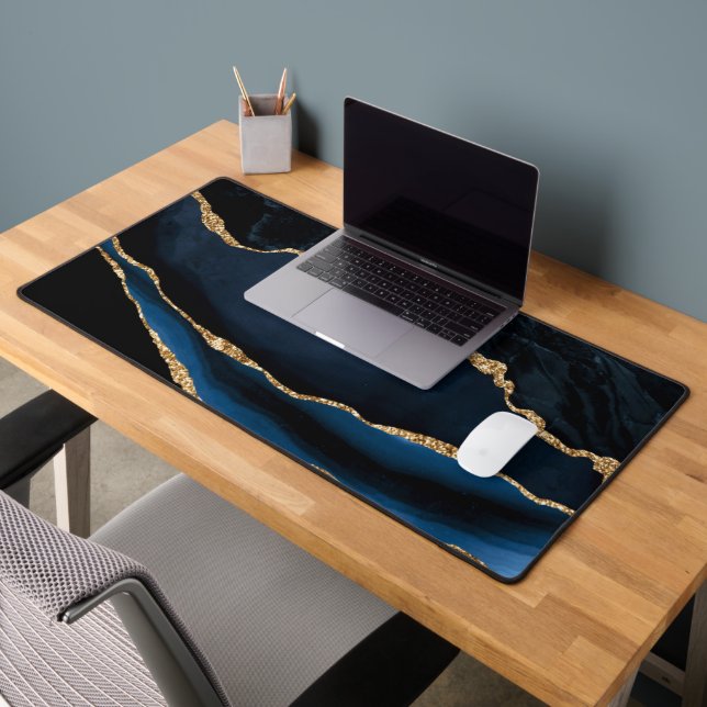 Agate Navy Blue Gold Marble Desk Mat (Office 2)