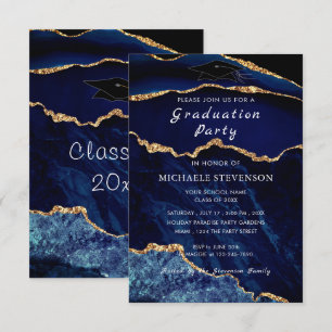 Agate Navy Blue Gold Marble Graduation Invitation