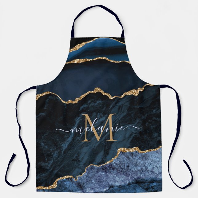 Agate Navy Blue Gold Marble Monogram Name Apron (Front)