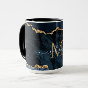 Agate Navy Blue Gold Marble Monogram Name Mug