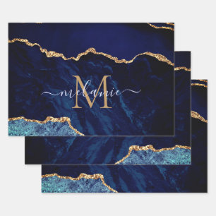 Agate Navy Blue Gold Marble Monogram Name Wrapping Paper Sheet