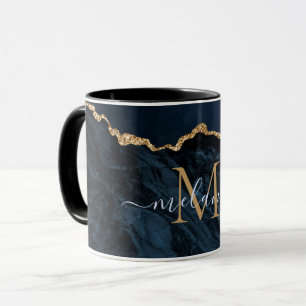 Agate Navy Blue Gold Marble Mug Custom Name Letter