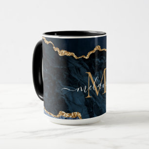 Agate Navy Blue Gold Marble Name Letter Mug Gift