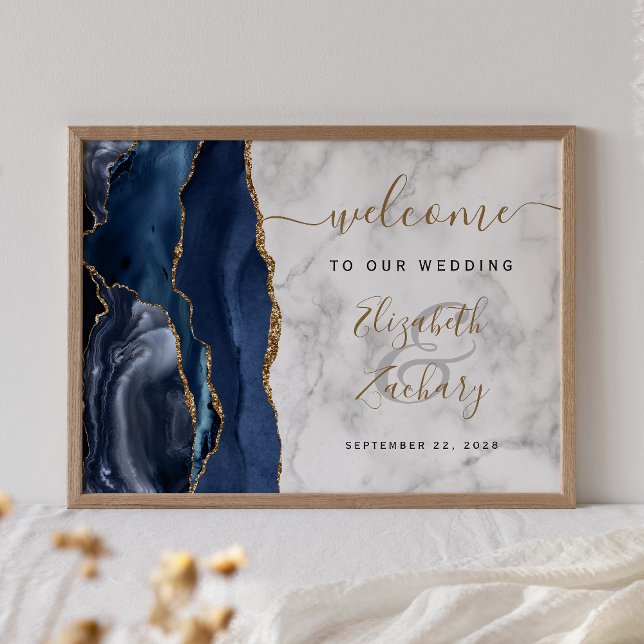 Agate Navy Blue Gold Marble Wedding Welcome Poster (Creator Uploaded)