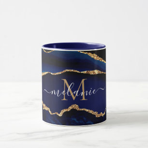 Agate Navy Blue Gold Marble Your Name Letter Mug