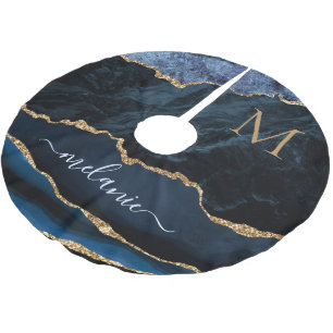 Agate Navy Blue Gold Marble Your Name Tree Skirt