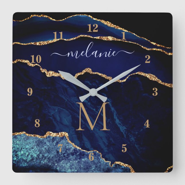 Agate Navy Blue Gold Marble Your Name Wall Clock (Front)