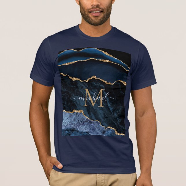 Agate Navy Blue Gold Modern T-Shirt - Monogram (Front)