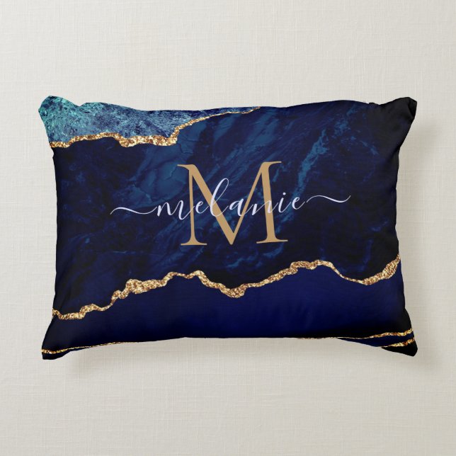 Agate Navy Blue Gold Name Letter Accent Pillow (Front)