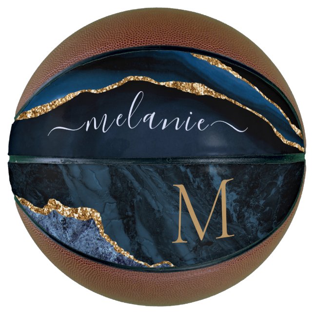 Agate Navy Blue Gold Name letter Basketball Gift (Front)