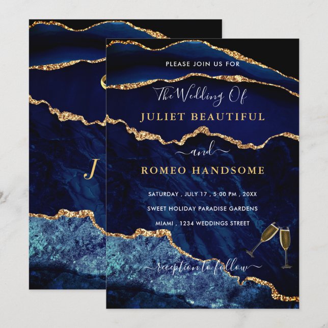 Agate Navy Blue Gold Rings Wedding Invitation (Front/Back)