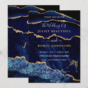 Agate Navy Blue Gold Rings Wedding Invitation