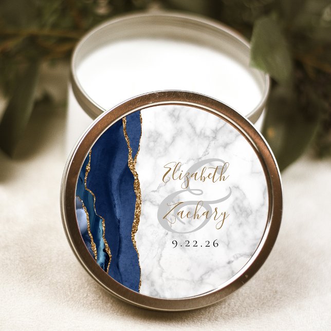 Agate Navy Blue Gold Script Marble Wedding Classic Round Sticker (Creator Uploaded)