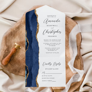 Agate Navy Blue Gold Wedding All In One Invitation