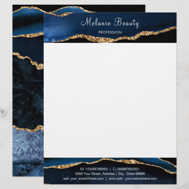 Agate Navy Blue Gold Your Text Info Letterhead (Front/Back)