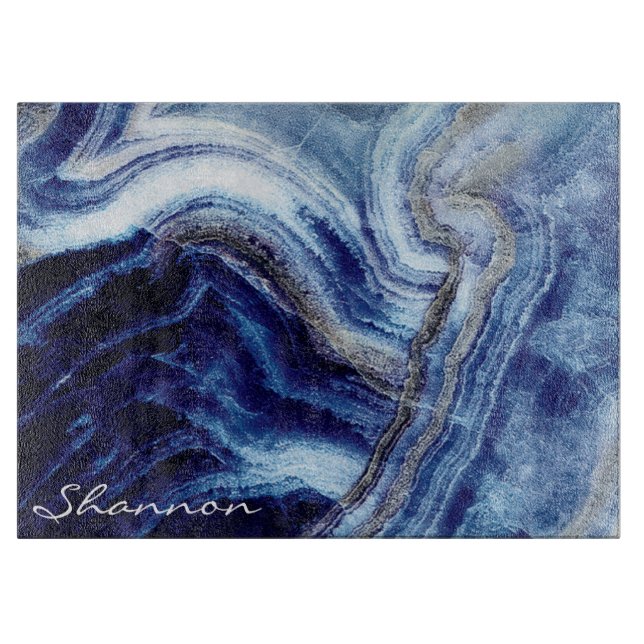 Agate Navy Blue Marble Background with Name  Cutting Board (Front)
