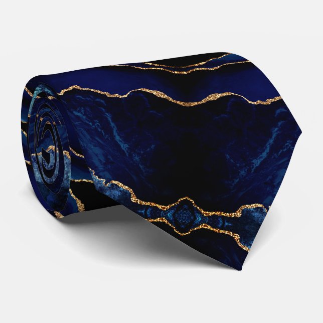 Agate Navy Blue Neck Tie Gold Glitter Marble Gift (Rolled)