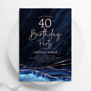 Agate Navy Blue Rose Gold 40th Birthday Invitation