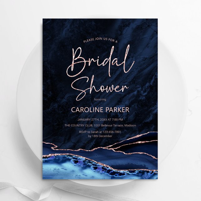 Agate Navy Blue Rose Gold Bridal Shower Invitation (Creator Uploaded)