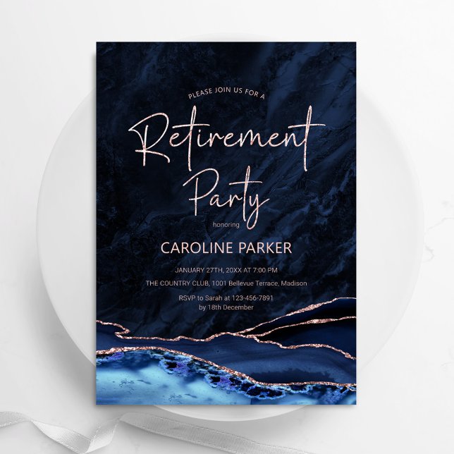 Agate Navy Blue Rose Gold Retirement Party Invitation (Creator Uploaded)