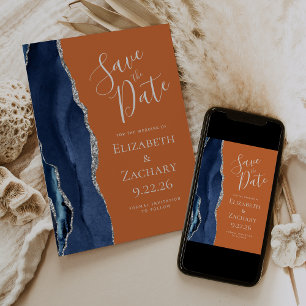 Agate Navy Blue Silver Burnt Orange Save the Date Invitation