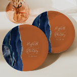 Agate Navy Blue Silver Burnt Orange Wedding Paper Plate<br><div class="desc">These elegant modern wedding plates feature a blue watercolor design trimmed with faux silver glitter. Easily customise the silver grey text on a burnt orange background,  with the names of the bride and groom in handwriting calligraphy over a large ampersand.</div>