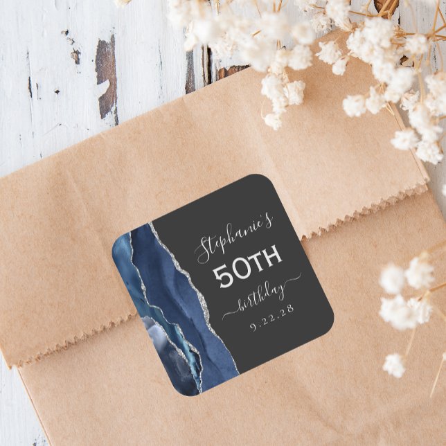 Agate Navy Blue Silver Dark 50th Birthday Square Sticker (Creator Uploaded)