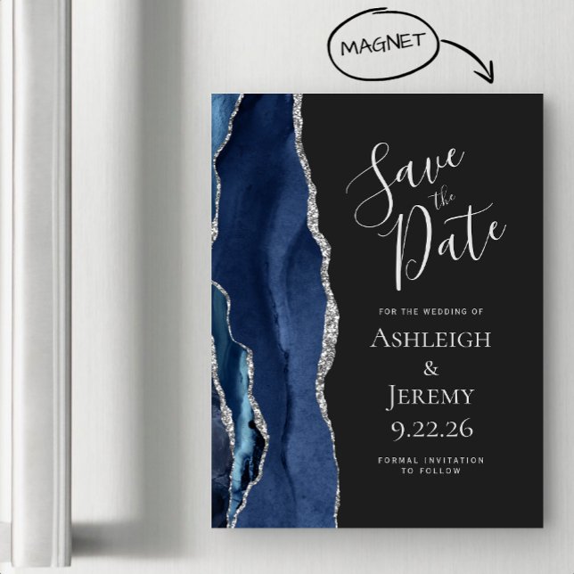 Agate Navy Blue Silver Dark Magnetic Save the Date (Creator Uploaded)