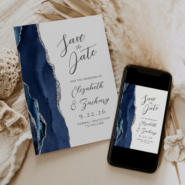 Agate Navy Blue Silver Modern Script Wedding Save The Date (Creator Uploaded)