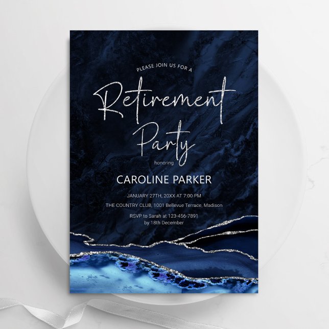Agate Navy Blue Silver Retirement Party Invitation (Creator Uploaded)