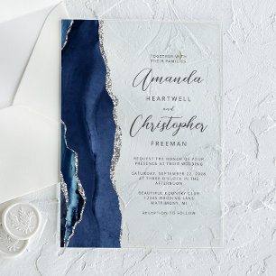 Agate Navy Blue Silver Script Wedding Acrylic Invitations