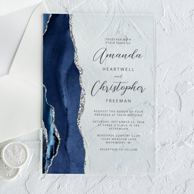 Agate Navy Blue Silver Script Wedding Acrylic Invitations (Creator Uploaded)