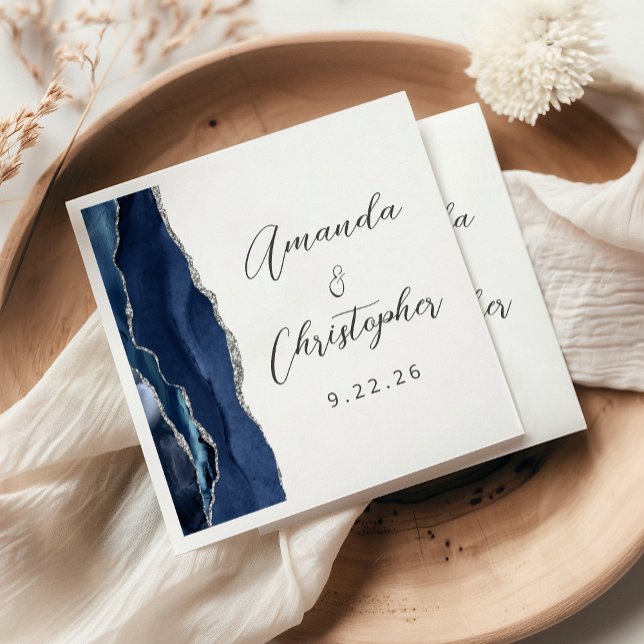 Agate Navy Blue Silver Script Wedding Napkin (Creator Uploaded)