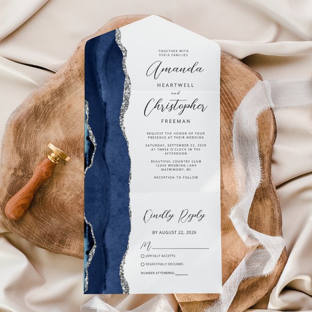 Agate Navy Blue Silver Wedding All In One Invitation (Creator Uploaded)