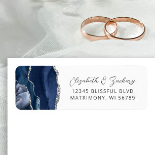 Agate Navy Blue Silver Wedding Return Address Label
