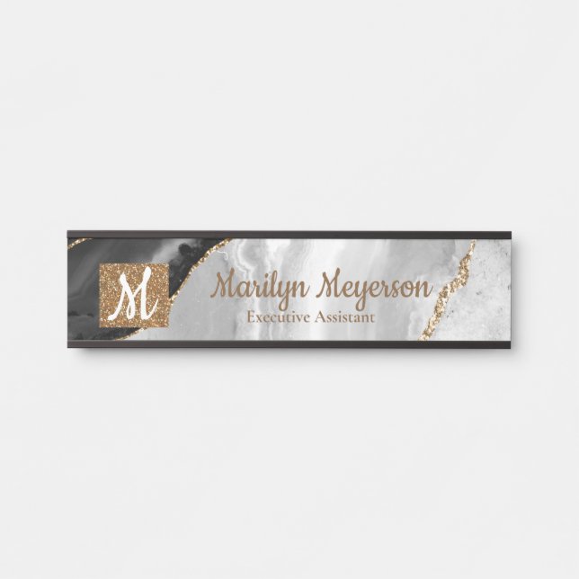 Agate Office Door Sign Black White Gold Glitter (Front)