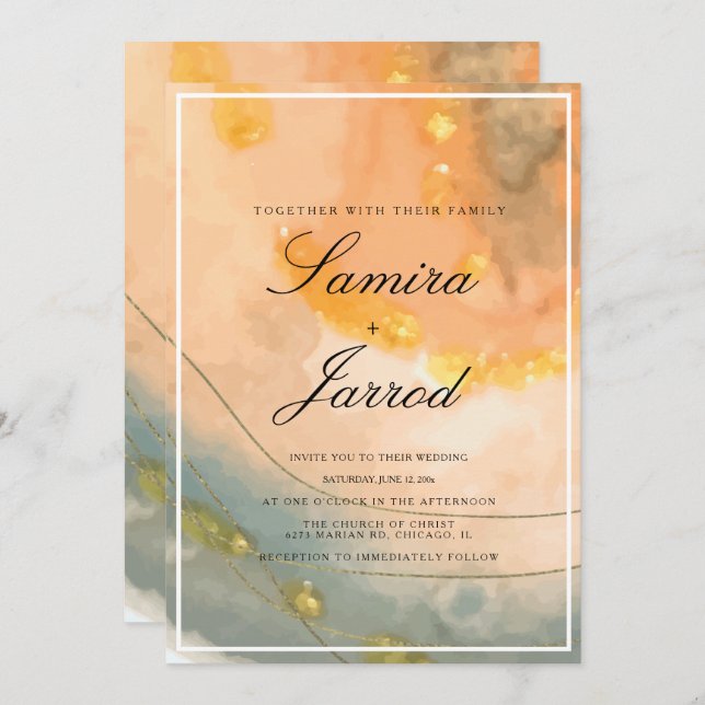 Agate Peach Hand Watercolor and Faux Gold Wedding Invitation (Front/Back)