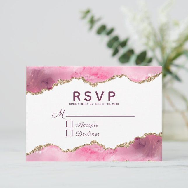 Agate Pink Burgundy Gold Glitter Geode Wedding RSVP Card (Standing Front)