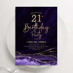 Agate Purple Gold 21st Birthday Invitation<br><div class="desc">Purple and gold agate 21st birthday party invitation. Elegant modern design featuring watercolor agate marble geode background,  faux glitter gold and typography script font. Trendy invite card perfect for a stylish women's bday celebration. Printed Zazzle invitations or instant download digital printable template.</div>