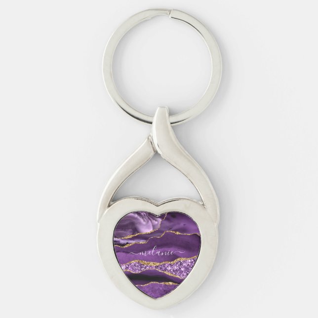 Agate Purple Gold Custom Name Keychain (Front)