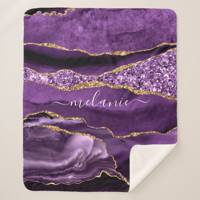 Agate Purple Gold Custom Name Sherpa Blanket (Front)