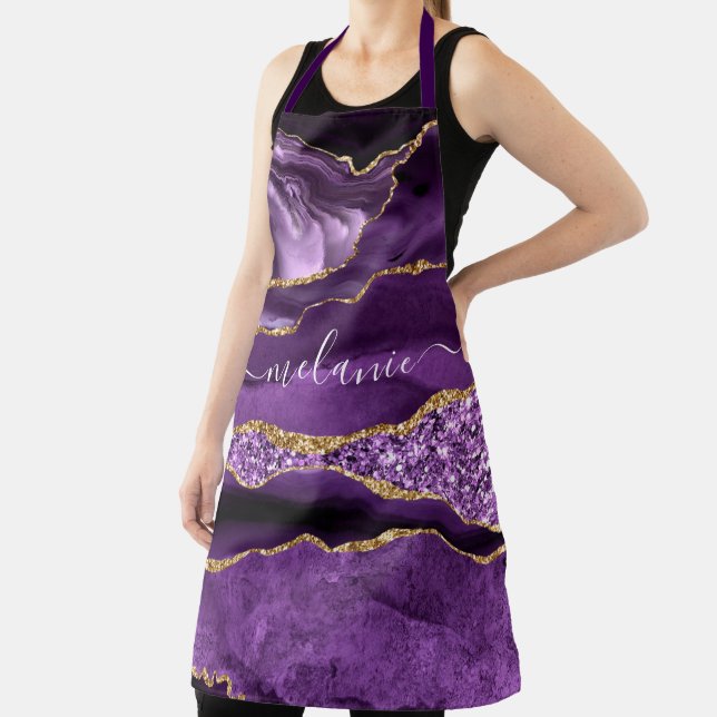 Agate Purple Gold Glitter Apron with Custom Name (Insitu)