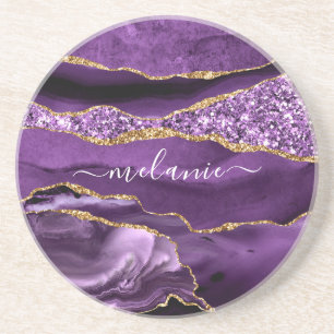 Agate Purple Gold Glitter Coaster Custom Name Gift